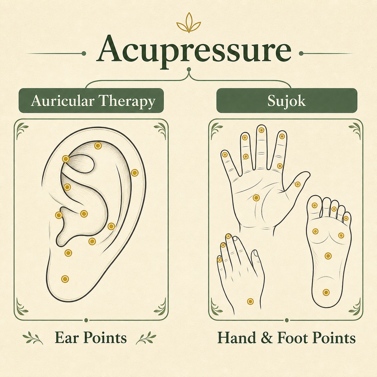Auricular and Sujok acupressure point maps