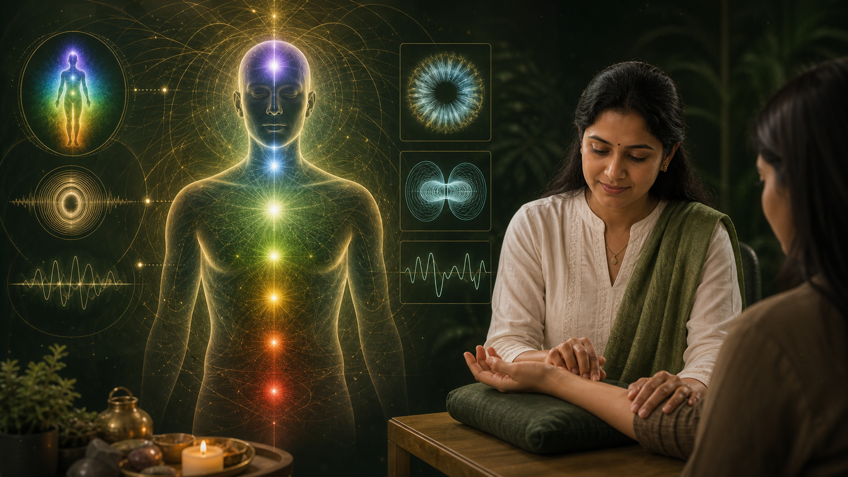 Energy diagnosis visual with aura field, pulse waveform and biofield assessment motifs