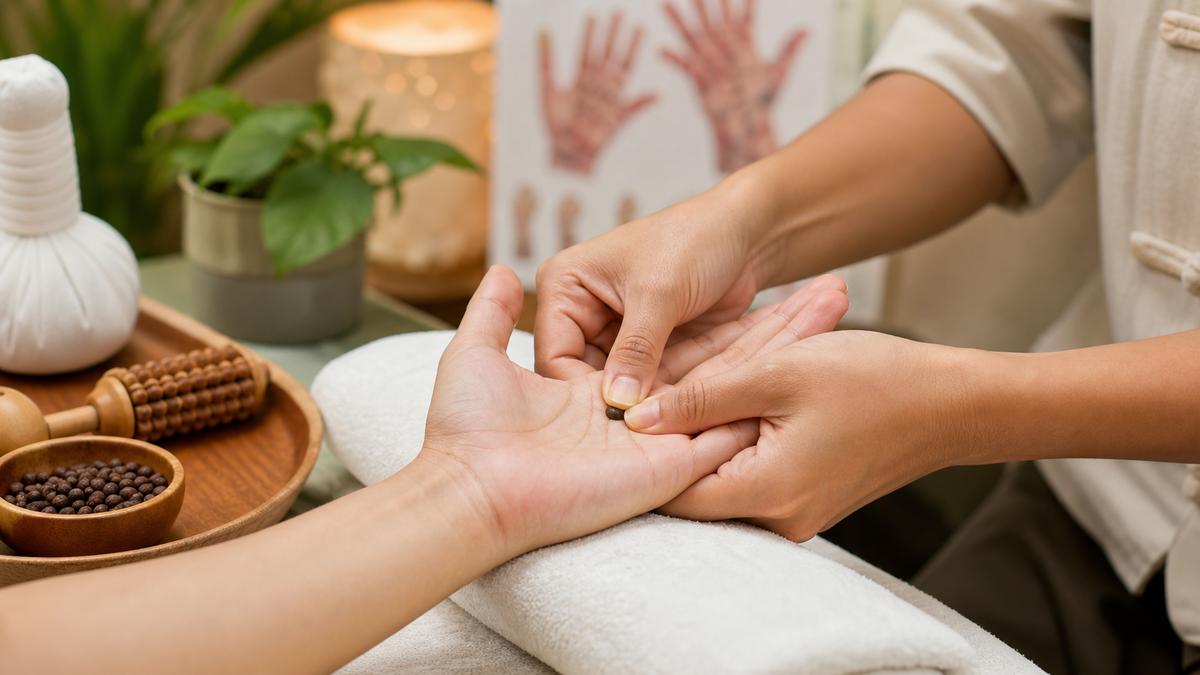 Practitioner hands applying acupressure to hand points with seeds and small therapy tools