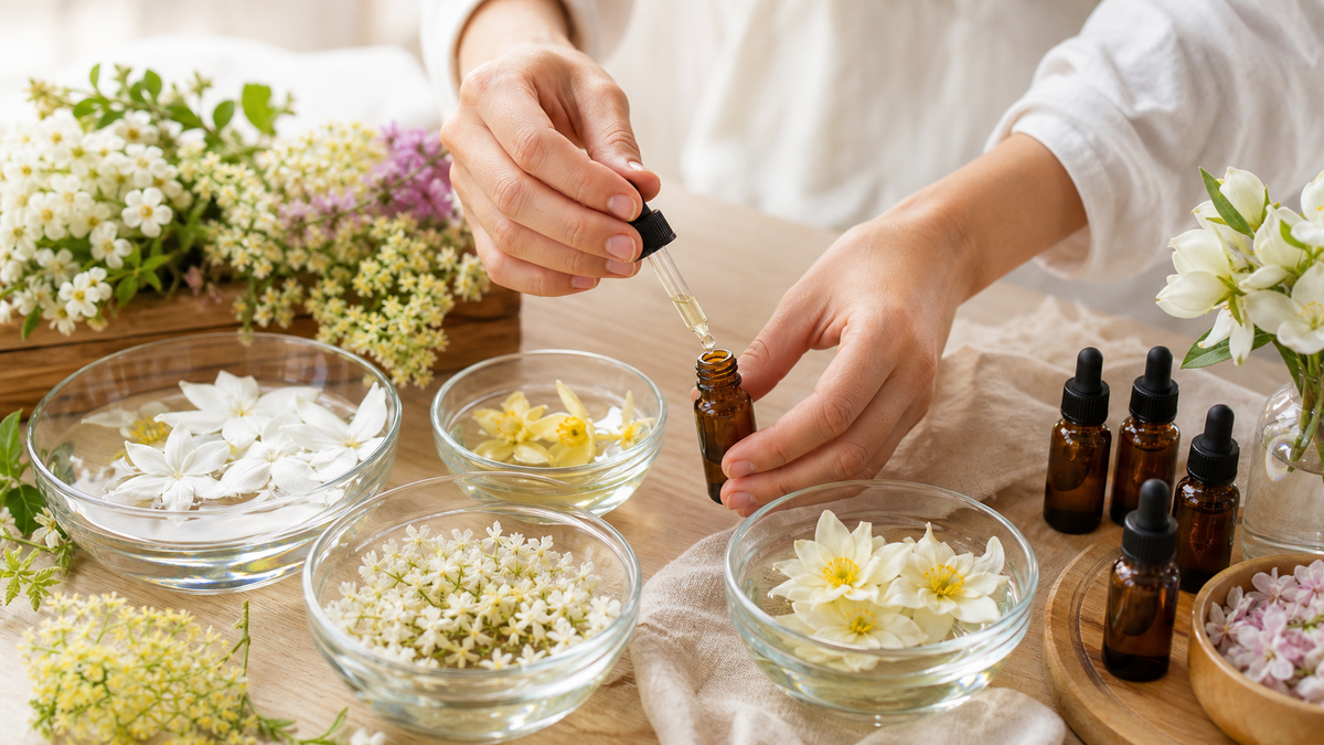 Practitioner hands blending Bach flower essences with glass bowls and dropper bottles