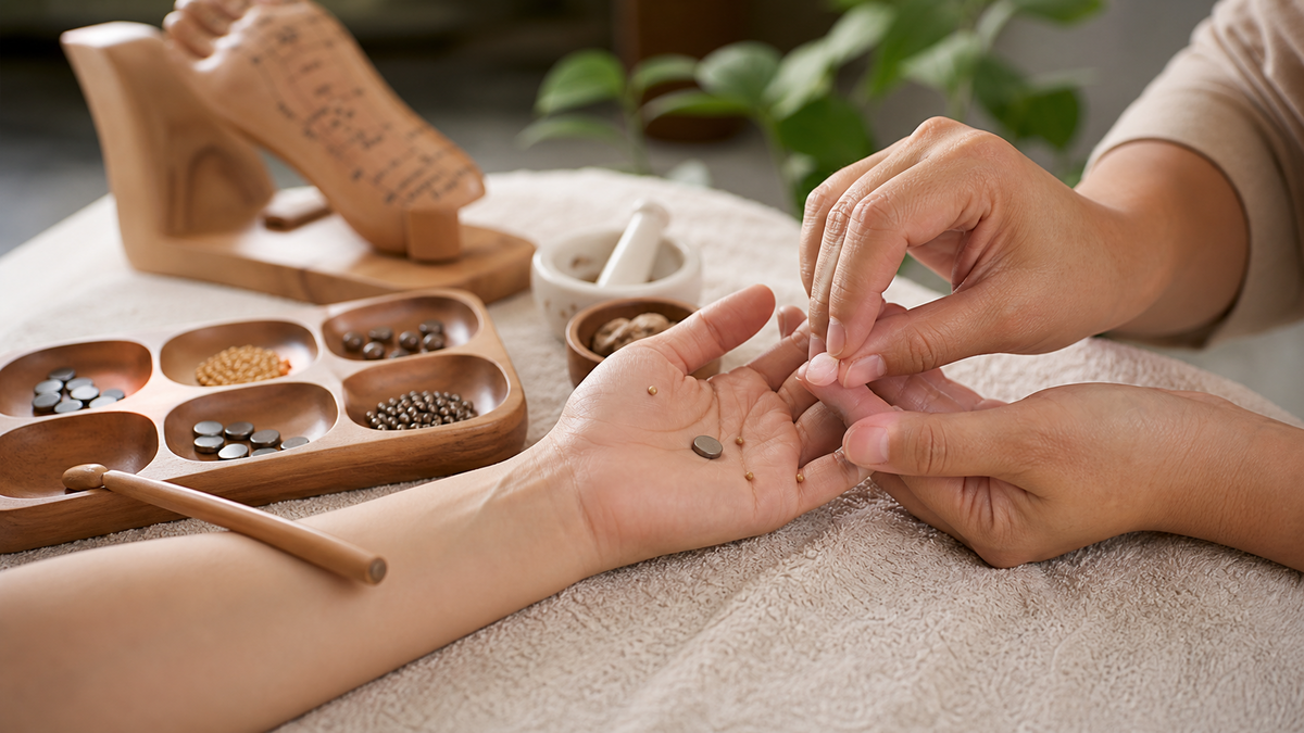 Practitioner hands placing Sujok therapy seeds on hand correspondence points